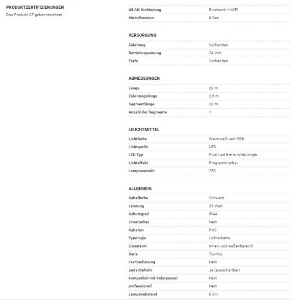 Twinkly Lichterkette Special Edition RGB Warmweiß, 20 m, 250 LEDs, schwarzes Kabel