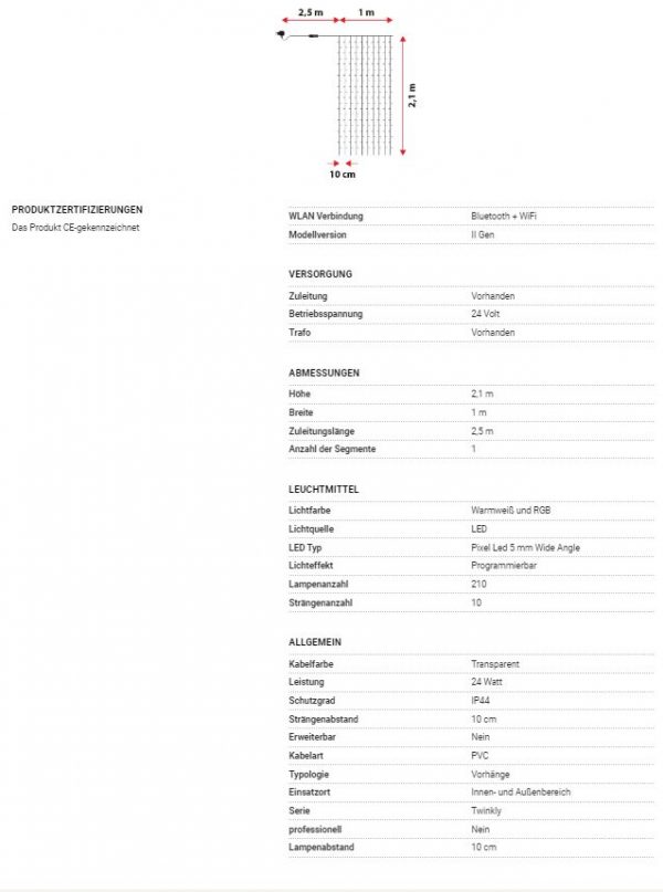 Twinkly Lichtervorhang RGB Warmweiß, 1 x 2,1 m, 210 LEDs
